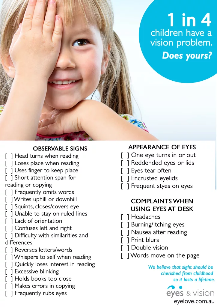 Children's vision checklist with observable signs.